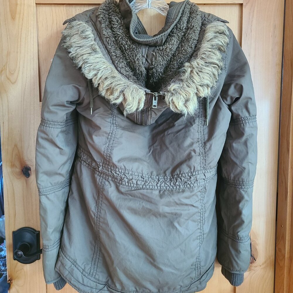 American Eagle Y2K Army Green Military Parka‎ Jacket Faux Fur Hood Sherpa MEDIUM - Picture 3 of 14